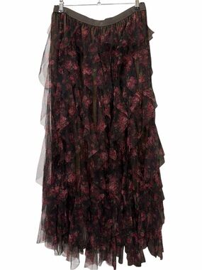 Amber Sky Floral Tiered Tulle Maxi Skirt Whimsigoth Black Red Size XL